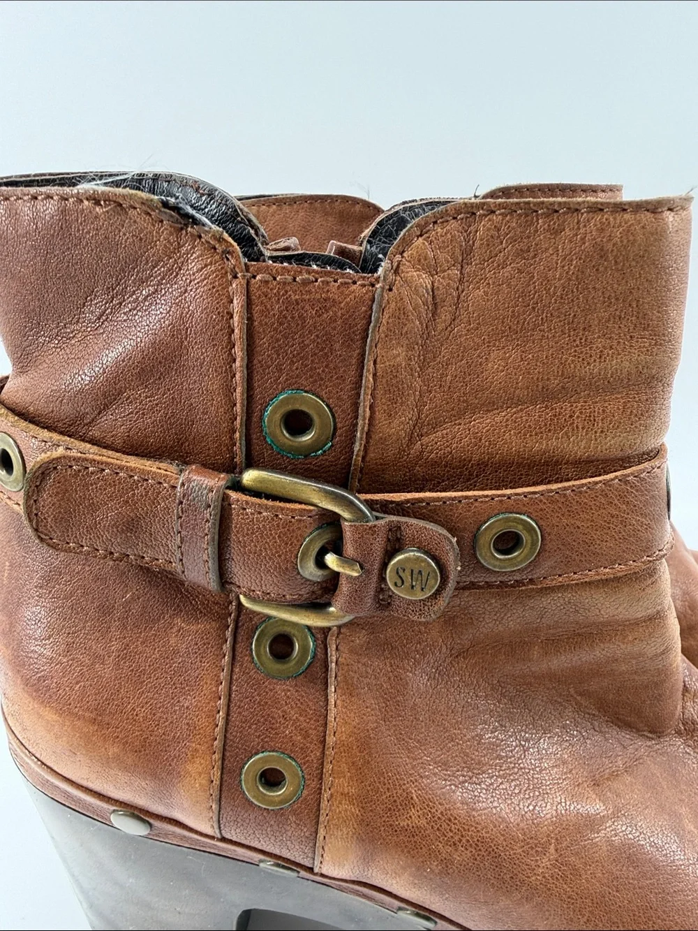 Stuart Weitzman Brown Leather Belted Clog Platform Moto Booties 10